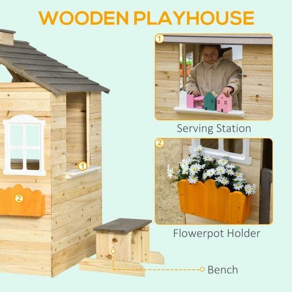 Wooden Playhouse for Kids Outdoor Wendy House with Door, windows, Bench, Service Stations, Flowerpot Holder, For Ages 3-7 Years