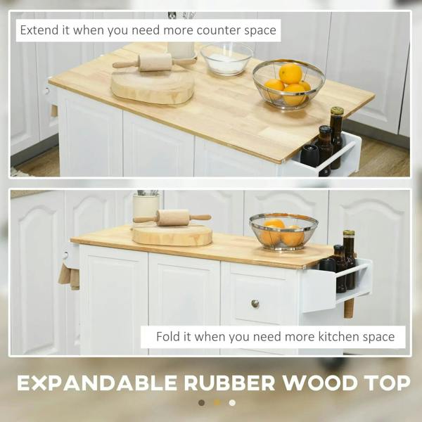 Extendable white kitchen island cart with light wood top and side rack for bottles
