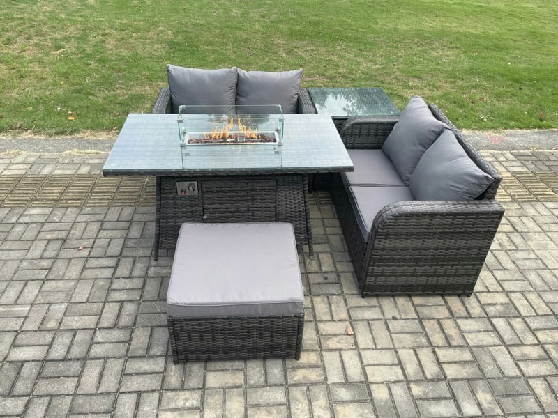 Fimous Rattan Garden Furniture Set with Gas Fire Pit Table 5 Pieces Outdoor Loveseat Sofa Set Dark Grey Mixed