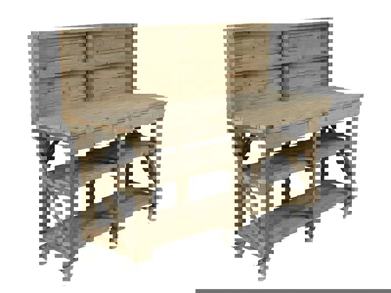 Indoor/Outdoor Pressure-Treated Double Shelf with back panel and wheels Workbench, a robust and versatile solution for all your workspace needs. Handcrafted in the UK, this workbench is constructed from high-quality, pressure-treated timber, ensuring durability and resistance to the elements, making it suitable for both indoor and outdoor use.