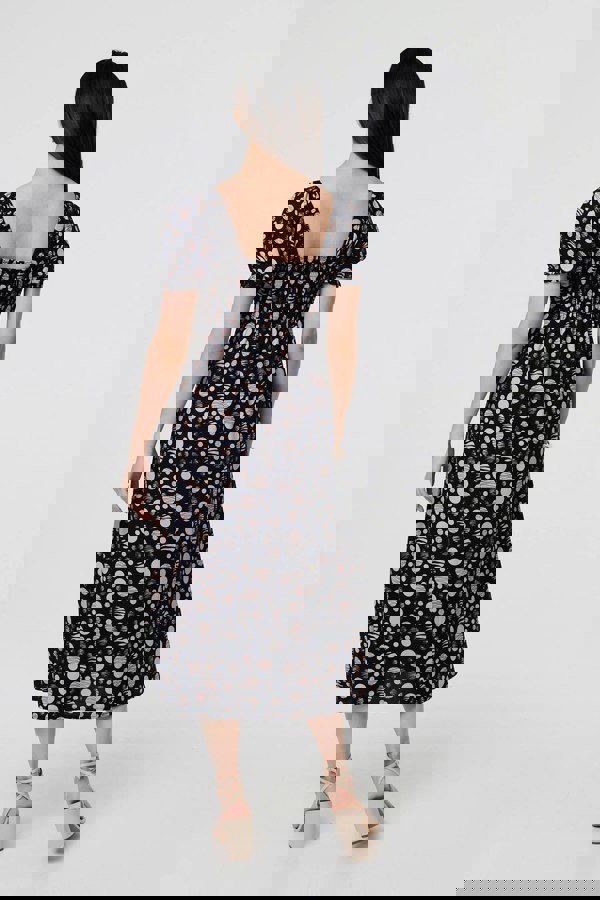 Navy | Polka Dot Print Tie Neck Midi Dress
