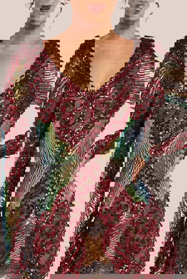 Contrast Sequin Long Sleeve Maxi Dress - Wine DR3475