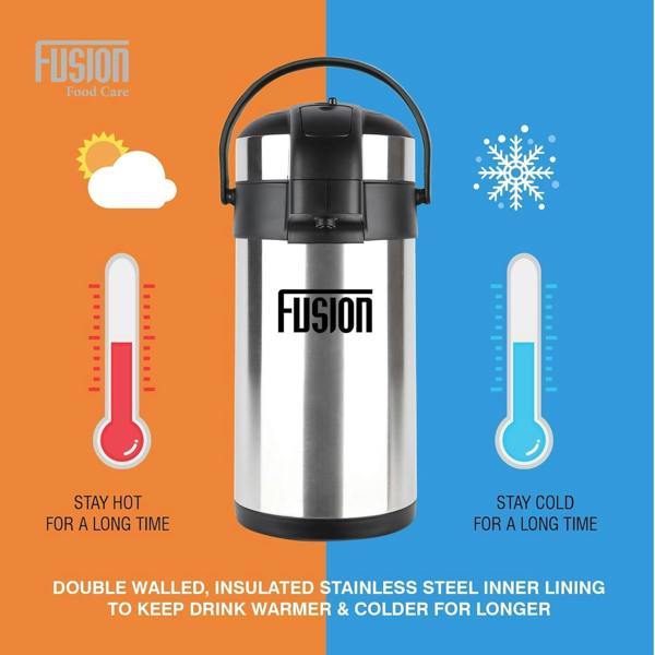 Fusion Food Care Airpot Flask 3L Double Wall Insulated Thermal Coffee Carafe with Pump Action & 360° Rotating Base