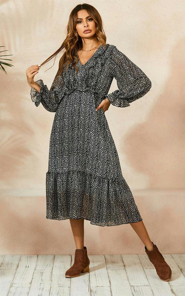 FS Collection Ruffled Chiffon Mini Dress In Black & White Leopard Print