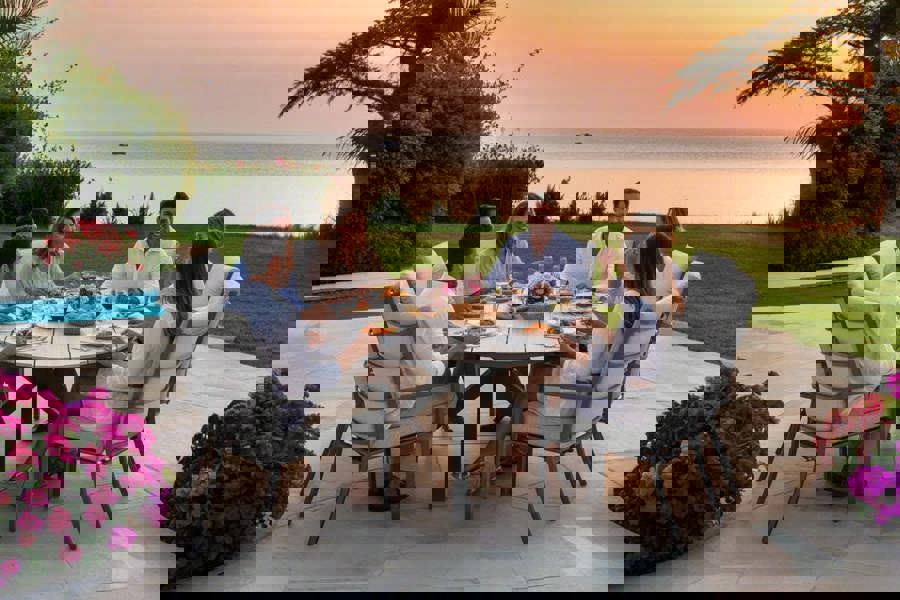 Garden Impressions Edison Natural - Eight Seater Oval Dining Suite with Sergio Chairs - Light Grey Cushions