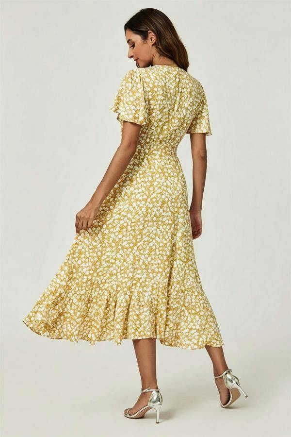 FS Collection Floral Print Midi Wrap Dress In Yellow