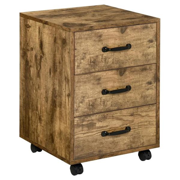 Rustic brown mobile file cabinet with three drawers and black curved handles, on wheels