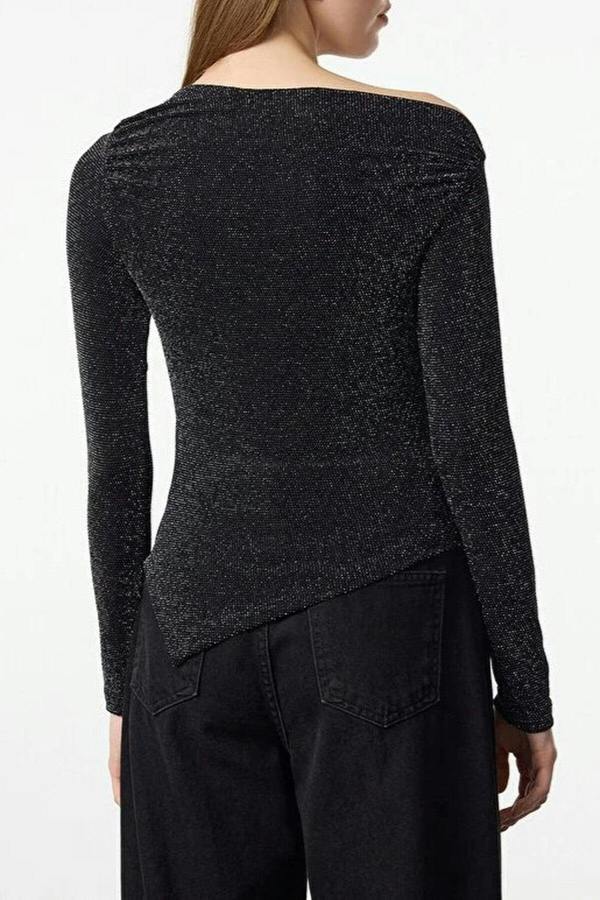 WOVCOR Asymmetrical Collar Glittery Knit Chic Party Blouse