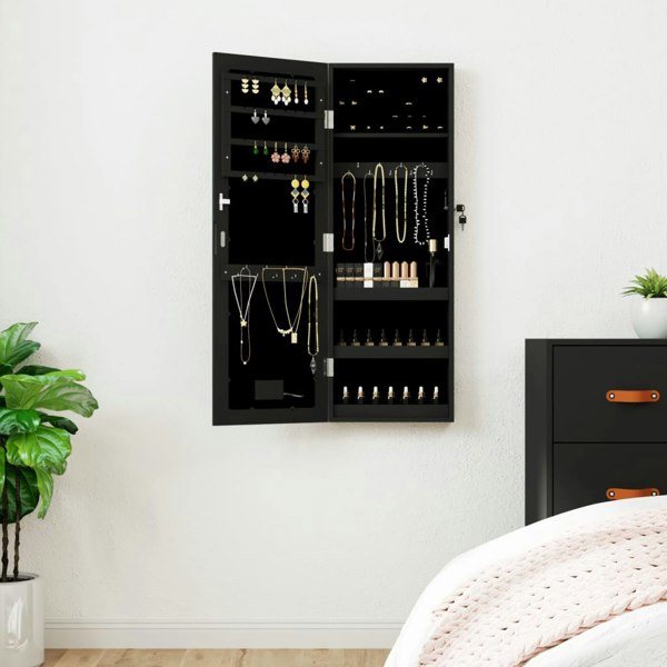 Berkfield Mirror Jewellery Cabinet with LED Lights Wall Mounted Black