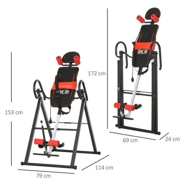 Gravity inversion table with safety belt, red/black, full frame with handstand