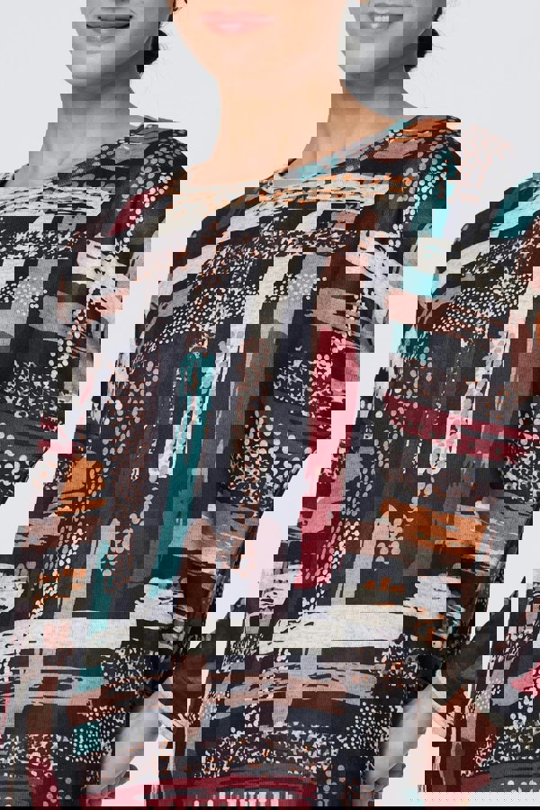 Brown | Brushstroke Print Curved Hem Long Sleeve Top
