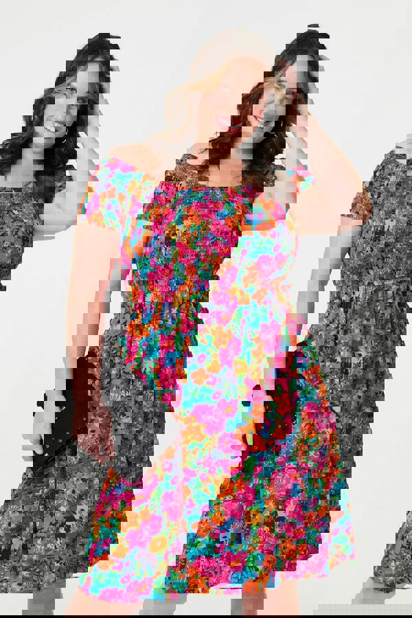 Pink | Floral Knee Length Bardot Dress