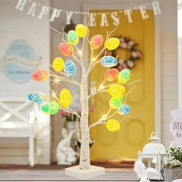 24 LED Easter Tree with Colourful Egg Decorations – Birch Twig Tree, Battery or USB Powered, Easter Table Decor Gift