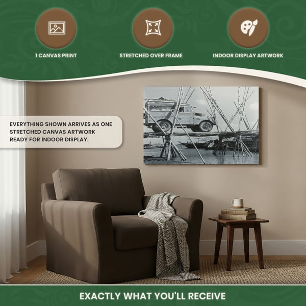 Series 1 Land Rover Crossing a Bamboo Bridge Canvas Print, Circa 1955 Oxford and Cambridge Challenge Scene, 60 x 40 cm