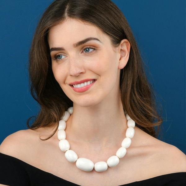 Zavana 20 inch Long White Oval Beads Statement Necklace for Women