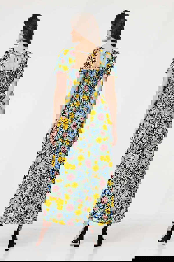 Yellow | Floral Puff Sleeve Cut Out Maxi Dress