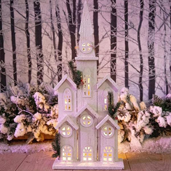 Shatchi 58cm Wooden Church House with Warm White LED Lights, Snow Covered Cottage Style Indoor Decoration