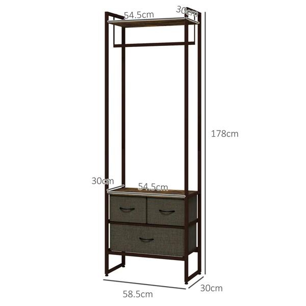 Dimensioned compact clothes rail with rustic brown frame and grey drawers