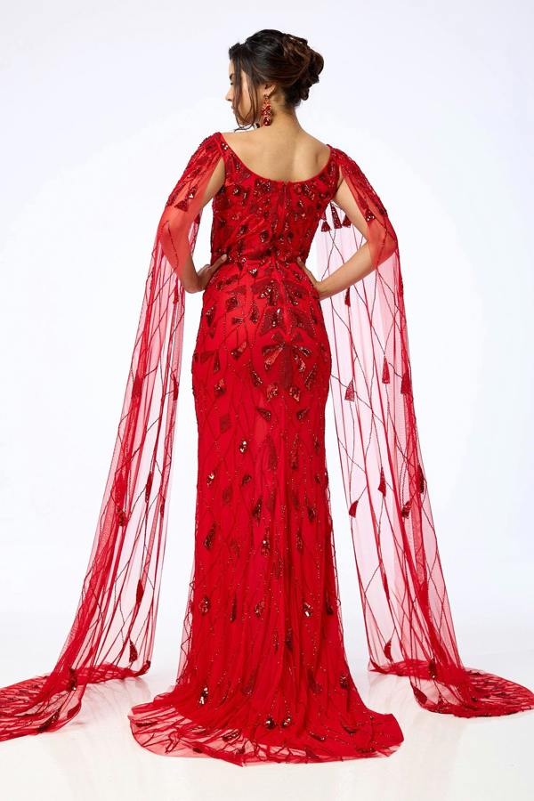 LuvForever Azara - Red Draped Sleeve Sequin Maxi Dress