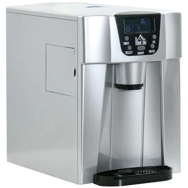 Silver countertop ice maker with water dispenser and front control panel