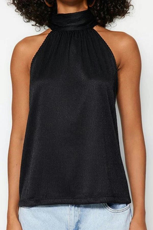 WOVCOR Stand-Up Collar Pleated Stretch Knit Blouse