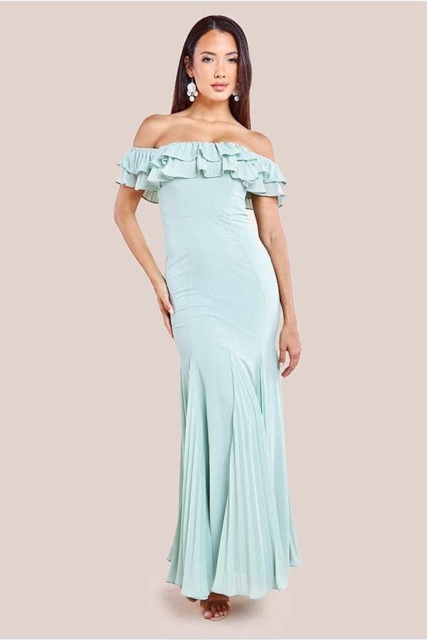 Frilled Off The Shoulder Pleated Chiffon Maxi Dress - Sage Green DR4273