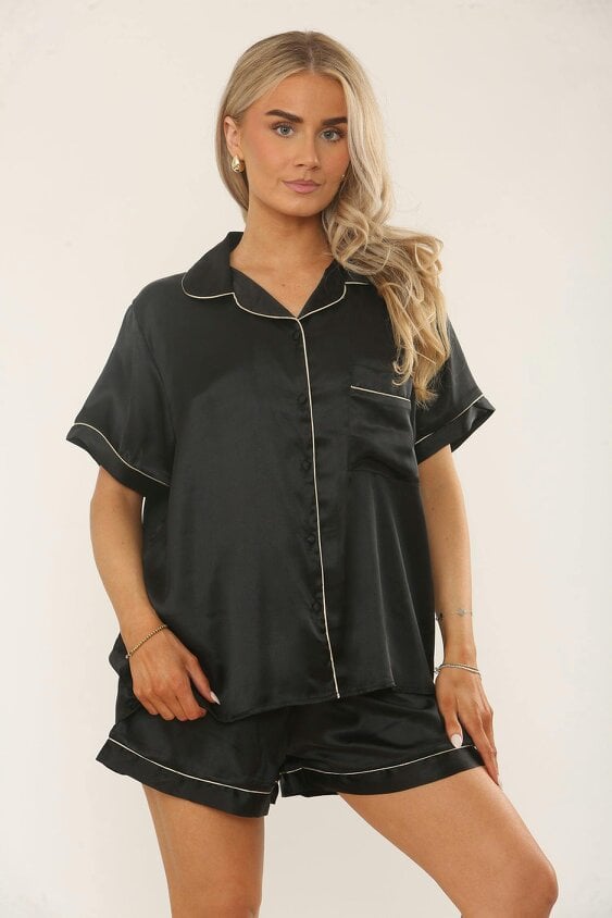 Satin Pyjama Set with Shorts – Women’s Loungewear - Black