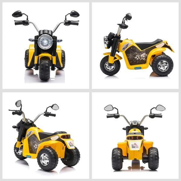 Yellow 3-wheel kids electric motorbike shown from multiple angles with LED headlights