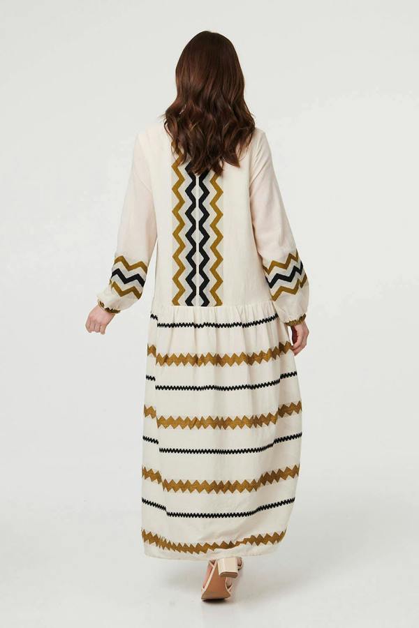 Brown | Zigzag Print Long Sleeve Maxi Dress