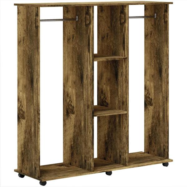 Rustic brown open wardrobe with double storage shelves and 6 caster wheels.