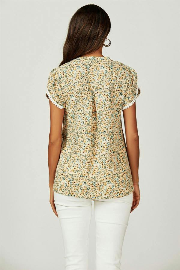 FS Collection Floral Print Lace Trim Short Sleeve Blouse Top In Green Yellow