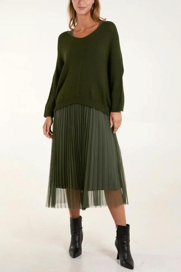 Hoxton Gal Relaxed Fit Layered Knit and Pleated Dress Set in Khaki