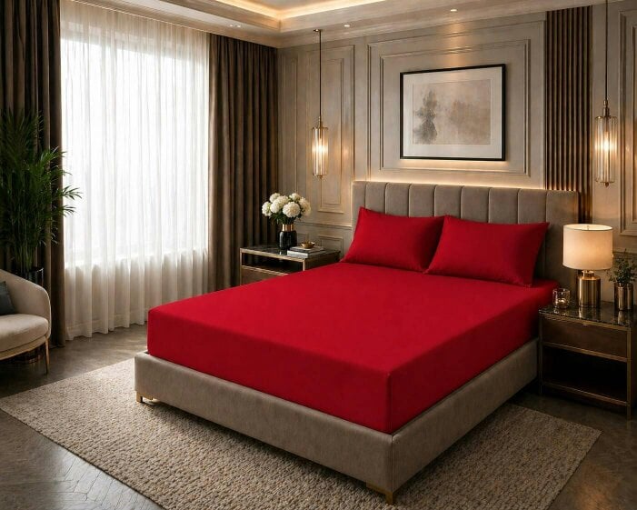 Night Zone 180 Thread Count Percale Fitted Sheet 25cm Deep – Polycotton Easy Care Bed Sheet - Red