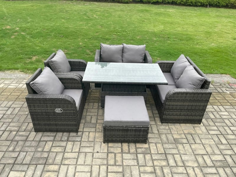 Fimous Rattan Furniture Outdoor Garden Dining Set Patio Height Adjustable Rising lifting Table Love Sofa Chair With Big Footstool