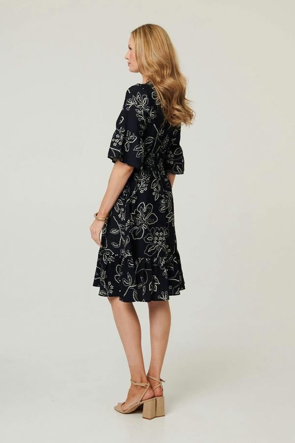 Navy | Printed Flare Sleeve Knee Length Dress