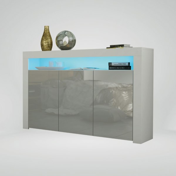 Mex Furniture 155cm Sideboard TV Stand Cupboard Cabinet – Grey High Gloss Doors with Free LED