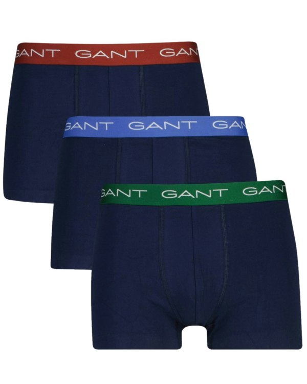 GANT 3-Pack Contrast Waistband Boxer Trunks, Navy w/ blue/green/burgundy