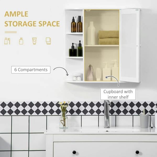 White wall-mounted bathroom cabinet with mirrored door open and 2-tier shelves for bottles and toiletries