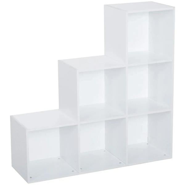 White 6-cube step storage cabinet with open shelves and three-tier design