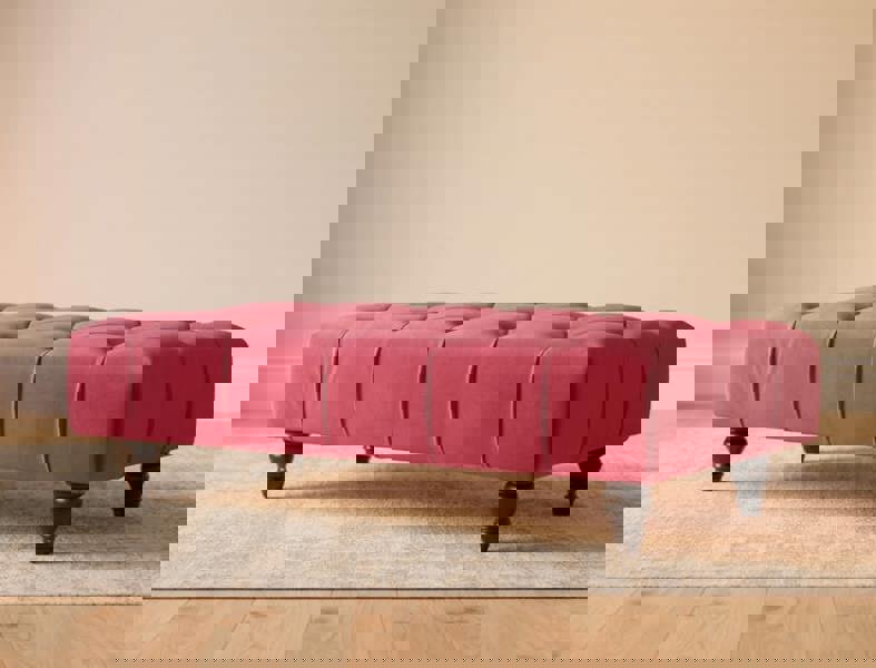 Long storage footstool with deep button tufted maroon fabric - ISTOOLS