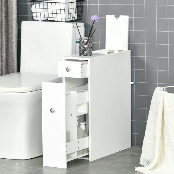 White slim bathroom floor cabinet with open side door, inner shelves, and two drawers