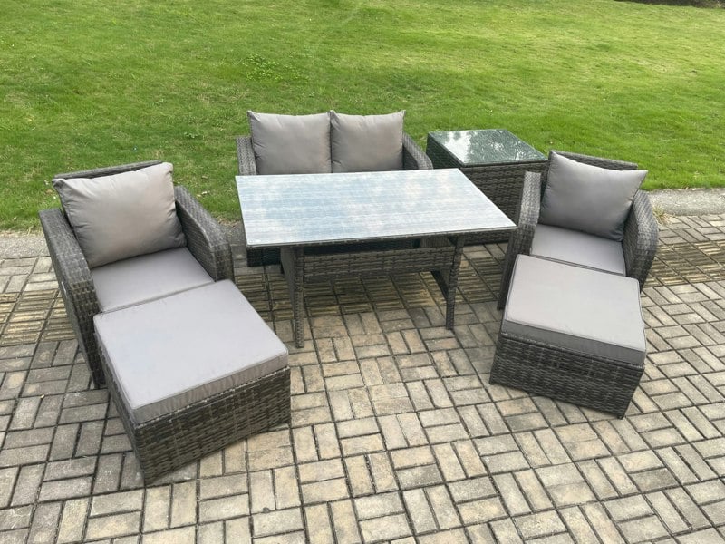 Fimous Rattan Outdoor Garden Furniture Set Rectangular Dining Table and Chair Sofa Set With Side Table 2 Big Footstool Dark Grey Mixed