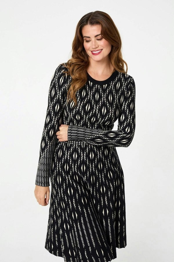 Black | Geo Print Knit Skater Midi Dress
