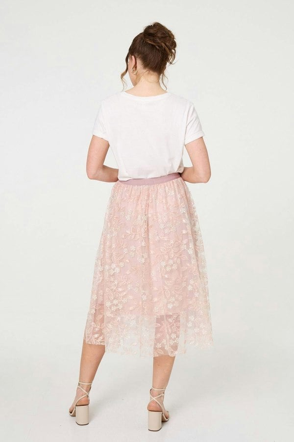 Pink | Floral Mesh Layered Midi Skirt
