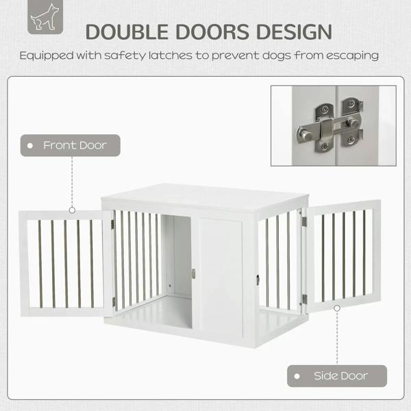 White dog cage and side table with double doors and safety latch hardware