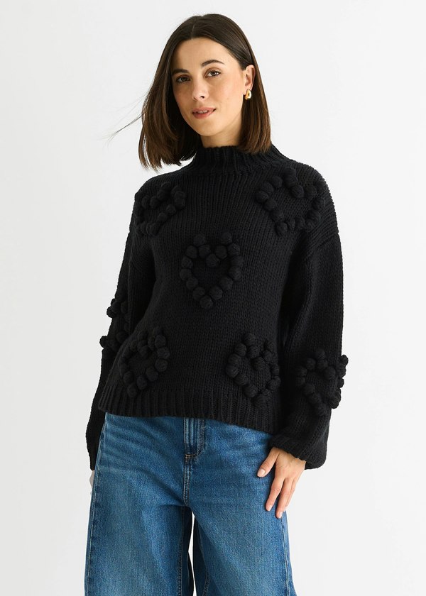 Gini London Black Heart Bubble Chunky Knit High Neck Jumper
