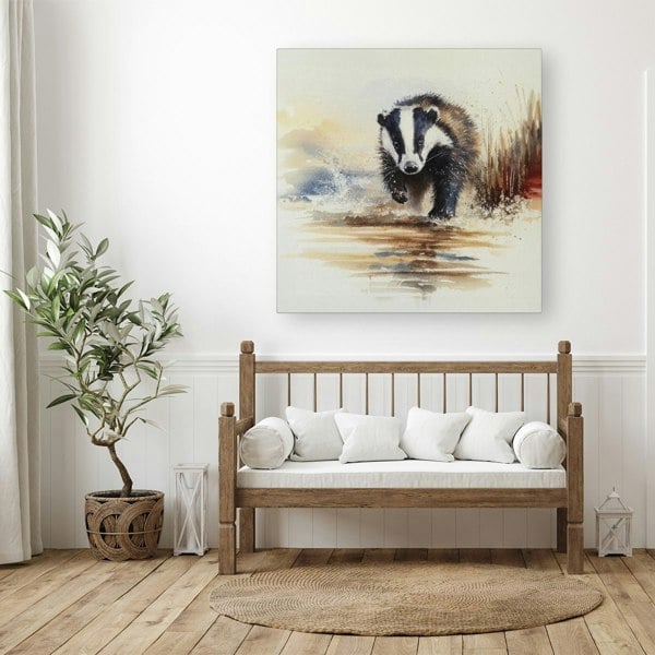 Warren Reed Wading Badger Watercolour Canvas