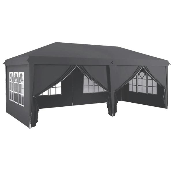Grey pop-up garden gazebo tent with sidewalls, peaked roof, and window panels