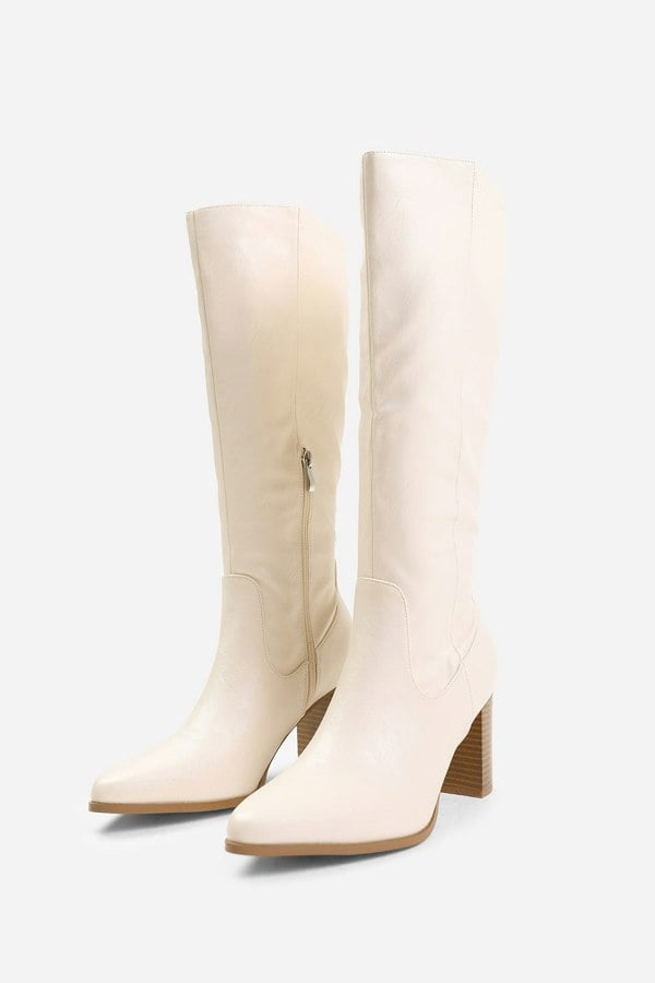 Where's That From Hawthorn Stretch Wide Calf Block Heel Knee High Boots With Stitch Detail in Wide E Fit in Cream Faux Leather