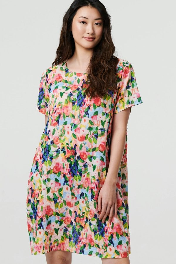 Pink | Floral Short Sleeve Shift Short Dress
